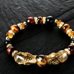 龍王・金針水晶わしづかみブレスレット [ 男性 メンズ 開運 ブレスレット ロンデル タイガーアイ トラメ 虎目石 誕生石 10月 天然石 パワーストーン 厄除け お守り 専用巾着袋 金運 財運 ギフト プレゼント 誕生日 父の日 日本製 送料無料 ]