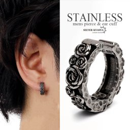 ステンレス バライヤーカフ 薔薇 花 ワンタッチ 開閉式 メンズ シルバー 燻し風加工 フェイクピアス ノンホール 耳の穴不要 金属アレルギー対応 片耳用 1点 父の日 イヤリング 男性