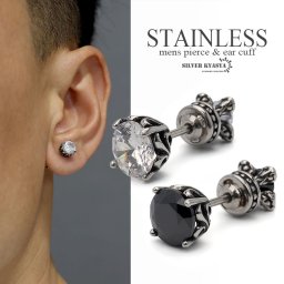 ストーンピアス キラキラ オニキスピアス ステンレス オニキス CZ ダブルストーンピアス メンズ スタッドピアス ホワイト ブラック 一粒ピアス アンティーク 唐草ピアス アラベスク 金属アレルギー対応 片耳 1点 イヤリング 男性