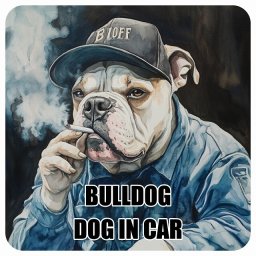 BULLDOG ブルドッグ DOG IN CAR カーステッカー 犬 作業服 ちょい悪 13x13cm 正方形 防水 屋外 屋内 ドッグオンボード デカール