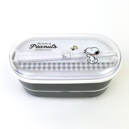 スヌーピー 細長レンジ2段ランチボックス チェック お弁当 入園入学 新学期 学校 オフィス キッチン グレー