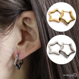 ステンレス フープピアス 星 スターピアス 2色 ゴールド シルバー シンプルピアス メタル 両耳用2点 女性 レディース プチプラ 金属アレルギー対応 イヤリング