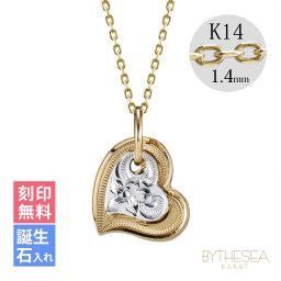 ゴールド ネックレス ハワイアンジュエリー ネックレス 刻印 無料 誕生石入れ可 Wハート 14K K14イエロー＆ホワイトゴールド 14k k14カットあずきチェーン太1.4mm ギフトラッピング可能 彼女 妻 女性 レディース プレゼント ハロウィン 【品番：CG-GP101YW-CH1020】