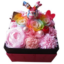 誕生日プレゼント ドナルド デージー入り 花束風 箱開けてスマイル ボックス入り レインボーローズ プリザーブドフラワー ドナルド デージーBA 誕生日プレゼント 彼女