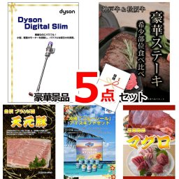 ビンゴ・二次会の景品はお任せ 景品 目録 セット ビンゴ 二次会 ダイソンクリーナー＆神戸牛・松阪牛ステーキ＆米沢天元豚他豪華5点セット 景品パネル＆引換券付き目録 15132 結婚式 ゴルフコンペ イベント 抽選会