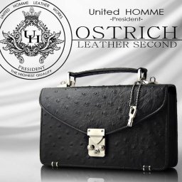 United HOMME ユナイテッドオム 高級牛革リアルオーストリッチ型押しセカンドバッグ ブラック ブランド ビジネス