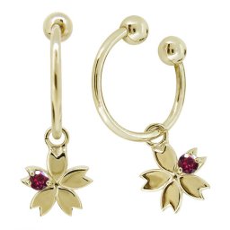 フープイヤリング k18 ノンホールピアス 桜の花 さくらモチーフ ルビー シンプル イヤーカフ レディース 18k イエロー ピンク 母の日 2024
