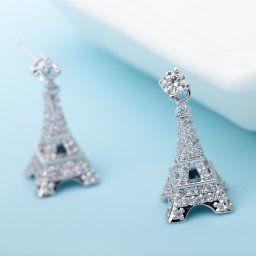 ピアス 両耳用 キュービックジルコニア 真鍮 ホワイト シルバー スタッド メレ 揺れる ゆれる ぶら下がり ロング 大きめ 大ぶり モチーフ エッフェル塔 e16072310