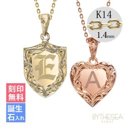 ゴールド ネックレス ハワイアンジュエリー ネックレス イニシャル ペアネックレス 刻印 無料 誕生石入れ可イニシャル 14K K14ゴールド 14k k14カットあずきチェーン太1.4mm 2本セット GP111 GP112 カップル 夫婦 プレゼント 夏 サマー 【品番：CG-GP110P-CH1020】