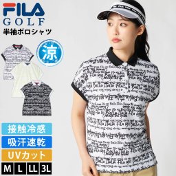 FILA GOLFフィラ ゴルフ ポロシャツ レディース 半袖 接触冷感 吸汗速乾 UVカット 2026SS 756-666 トップス ゴルフウェア 総柄 タイポグラフィ スポーティ カジュアル ホワイト ブラック イエロー M L LL 3L 大きいサイズ karlas