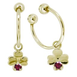 ノンホールピアス フープピアス 18k 揺れる ノンホールイヤリング クローバー ルビー イヤーカフ