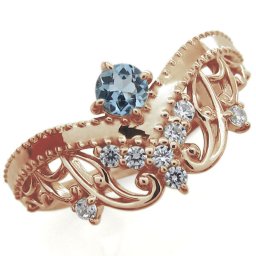 王冠ピンキーリング ピンキーリング 18k K18 アクアマリンサンタマリア 唐草 指輪