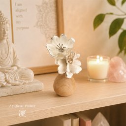 お供え花 凜[仏花 造花 かわいい お供え アーティフィシャルフラワー 仏壇花 木製 無垢材 天然木 スタンド 花瓶 花器 セット 小さい 仏花ミニ 仏前 花 供養花 花器付き 仏具 ミニ 枯れない おしゃれ ミニ仏壇 仏壇用造花] 即納