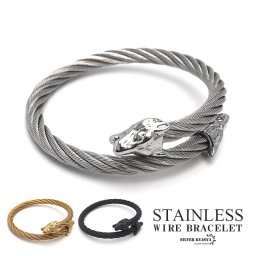 ステンレス ウルフ ワイヤーブレスレット メンズ オオカミ 狼 ロープチェーン ゴールド シルバー ブラック gold 金属アレルギー対応 男性