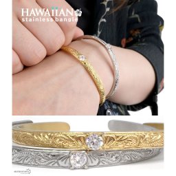 ハワイアンバングル 2カラー 一粒 レディース 女性 腕輪 ブレスレット シルバー ゴールド キュービックジルコニア CZ AAA 18k IPメッキ ステンレス マイレ スクロール 波 ハワイ hawaii gold silver 平打 ラッピング
