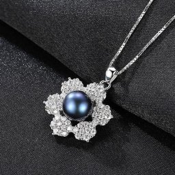 ネックレス キュービックジルコニア 淡水パール シルバー925 ブラック シルバー ベネチアンチェーン 中粒 40+5cm 上品 大人 モチーフ フラワー 花 揺れる pn0061