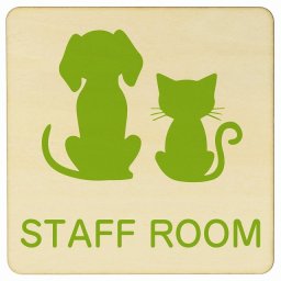 動物イラスト付 STAFF ROOM ナチュラルグリーン 27x27cm 正方形 木製 ドアプレート おしゃれ スタッフオンリー スタッフルーム 関係者以外立ち入り禁止 動物病院 老犬ホーム 犬 猫 ネコ ドッグラン 動物園 ペットショップ ペット マナー お願い 獣医