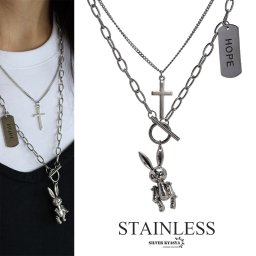 重ね付けネックレス ロングネックレス ペンダント 兎 うさぎ クロス プレートネックレス 二重ネックレス マンテルネックレス レディース 女性