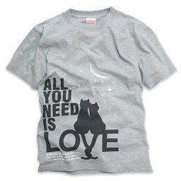猫 ねこ おもしろ かわいい Tシャツ ALL YOU NEED IS LOVE ( グレー ) | ネコ 猫柄 猫雑貨 | メンズ レディース 半袖 | おしゃれ ペアルック プレゼント | 大きいサイズ 【メール便】 SCOPY / スコーピー