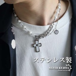 ステンレス 2連チェーンネックレス クロスネックレスチェーンネックレス 数珠ネックレス 二重ネックレス 重ね付け cz 十字架 ストーン ハート オシャレ男子 トレンド 新デザイン 重厚感 重量感 金属アレルギー対応