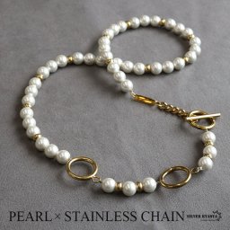 ネックレス メンズ silver kyasyaオリジナル パールネックレス マンテル ハンドメイド ストリート gold 金色 ステンレス 金属アレルギー対応 男性