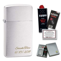 名入れ 彫刻 ZIPPO ライター 消耗品付き（オイル＆替え石）ギフトセット #1600 クロムメッキスリム 永久保証