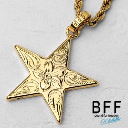 BFF ブランド スターネックレス ゴールド 18K GP gold 金色 プルメリア 星 ハワイアンジュエリー ロープチェーン 彫金 手彫り 専用BOX付属