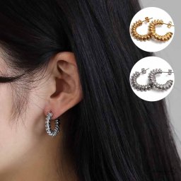 安心のステンレス素材 太め フープピアス ツイストピアス 大きめ シルバー ゴールド 18k gp 18金仕上げ 太幅 大人 両耳用 金属アレルギー対応 イヤリング