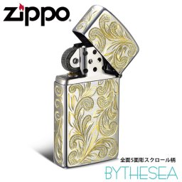 Zippo ライター ジッポライター 愛煙家 喫煙 真鍮 クロムサテーナ クロムメッキ スリムタイプ #1600 スクロール模様 5面手彫り ハワイアンジュエリー ブランド かっこいい おしゃれ ジッポーライター BY THE SEA バイザシー 彼氏 夫 男性 メンズ プレゼント 夏 サマー 【品番：FL103C】