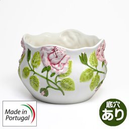 ヨーロッパ ポルトガル製 陶器 植木鉢 お洒落 ハンドメイド プランター バラ レリーフ ピンク pink ローズ ばら 底穴あり 直植え OK 優雅 薔薇 直径 18cm ガーデニング pan-h233p