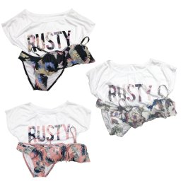 ラスティ RUSTY レディース 水着 スイムウェア Tシャツ 3点セット フリル トロピカル 937809 ブラック ホワイト ピンク