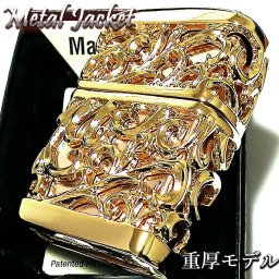 ZIPPO ライター 超重厚 メタルジャケット ゴールド 豪華 ジッポ 彫刻デザイン デビル 4面加工 金 メンズ ゴールドポリッシュ アクセサリー かっこいい 動画有り プレゼント ギフト