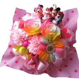 プリザーブドフラワーギフト 誕生日プレゼント ミッキー ミニー入り 花束風 レインボーローズ レインボーガーベラ ケース付き お祝い バースデーBプレゼント ギフトに人気