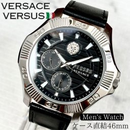 在庫処分セール！ VERSUS VERSACE ヴェルサス ヴェルサーチ クオーツ メンズ腕時計 46mm シルバー 【送料無料 】 レザーベルト 革 ブラック 海外限定 人気 ブランド  男性用 ウォッチ クォーツ 電池式 クロノグラフ 時計 メンズ 高級 プレゼント 彼氏 旦那 夫 ギフト 贈り物 誕生日バースデー お祝いおしゃれ 記念日 20代 30代 40代 50代 ビジネス かっこいい