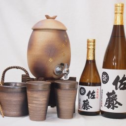 信楽焼・明山窯　焼酎サーバー　火色金小紋　2200ｃｃ(滋賀県)+萬古焼・備前金彩焼酎ペアカップ 氷入れ(三重県)+芋焼酎 佐藤 白 720ml 1800ml(鹿児島県)