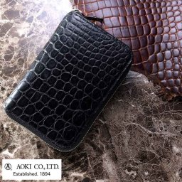 青木鞄 Luggage AOKI 1894 クロコダイル 縦型ファスナー折り財布 Matt Crocodile ブラック 日本製メンズ/ワニ革/財布/大容量/