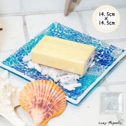 【 Kahiko 】 ソープディッシュ ハワイアン モザイク ガラス ブルー ホワイト