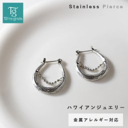 ハワイアンジュエリー ピアス オーバルフープピアス 両耳 金属アレルギー対応 ステンレス レディース  キャッチレス スティールシルバーカラー【gess435st】