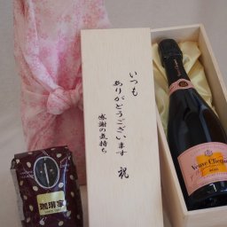 贈り物いつもありがとう木箱と珈琲豆セットオススメ珈琲豆(特注ブレンド200g)ヴーヴ・クリコローズラベルスパークリング白ワイン (フランス) 750ml