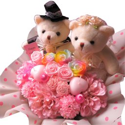 結婚祝い 友人 ウェディングベアー レインボーローズ プリザーブドフラワー入りギフト ケース付き　20×30