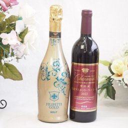 辛口スプマンテスパークリングワインと国産ワインセット(樽熟成穂坂マスカットベーリーA赤ワイン ミディアム(山梨県)750mlフィリペッティ ゴールド ブリュット (イタリア) 750ml