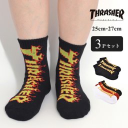 靴下3足 ソックスセット  ３色 レッド ブラック スケーターブランド THRASHER スラッシャー  3足セット ソックス 男 女 25cm 27cm フリーサイズ スポーツ 個性的 スケーター ストリート  厚め くつした かっこいい お洒落 くるぶし ユニセックス