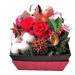 クリスマスプレゼント スヌーピー マスコット入り 花 フラワーギフト 箱を開けてサプライズ ボックス 赤バラ プリザーブドフラワー コットン入り