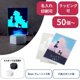 【50個～】 アクリルライティングスタンド六角用プレートS 3mm×2枚 ノベルティ 創立 設立 周年 記念 社名入れ 記念品 会社 祝典 名前入れ 名入り 名前入り ネーム入り オリジナル ロゴ入り 文字入り