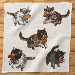 大きめリネン100％ハンカチ キャット＆ドッグ 43×43cm 10.Thieving Cats-C