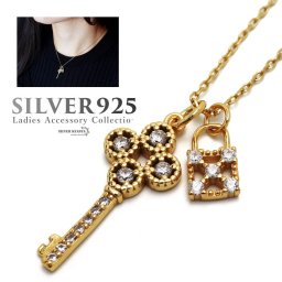 シルバー925 レディース 18K GP キーネックレス クローバー 南京錠 ストーン ジルコニア 輝き CZ 極細チェーン ゴールド gold 金 ペンダント 金属アレルギー対応 女性