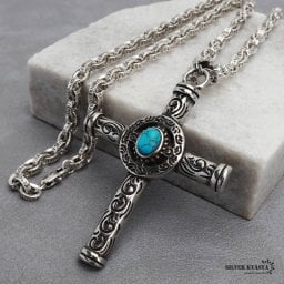 ステンレス 唐草クロスネックレス ペーパーチェーンネックレス 六字真言ネックレス シルバー ターコイズストーン 梵字 お守り 十字架 映える メンズ 男性 お洒落 人気 トレンド 流行り 金属アレルギー対応 ペンダント