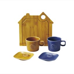 フェリーチェ ペアモーニングセット  カップφ82×72mm（200ml）×2・ミニプレート100×100×17mm×2：磁器、トレー210×210×10mm：竹