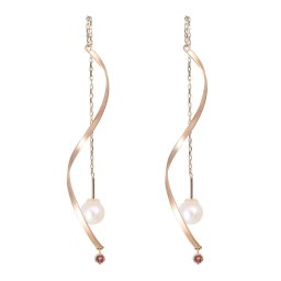 ロングピアス レディース 10金 揺れる 誕生石 1月 ガーネット パールキャッチ ロングチェーン 10k ウェーブ アメリカンピアス 母の日 プレゼント