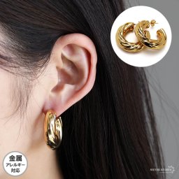 安心のステンレス素材 18KGP ワイドピアス ゴールド 金色 ツイストピアス 大ぶり 太め フープピアス 太幅 極太ピアス 両耳 2点セット レディース 可愛い イヤリング 女性